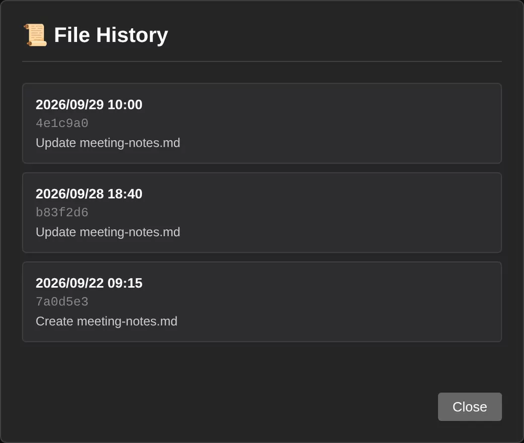 File History for meeting-notes.md: each save is listed as a commit with its date and message